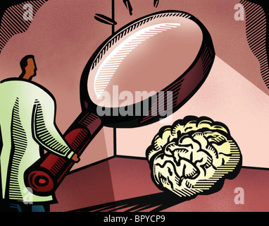 Doctor looking at a brain through a giant magnifying glass Stock Photo