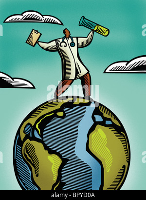 Doctor holding a test tube and clipboard while standing on top of the Earth Stock Photo