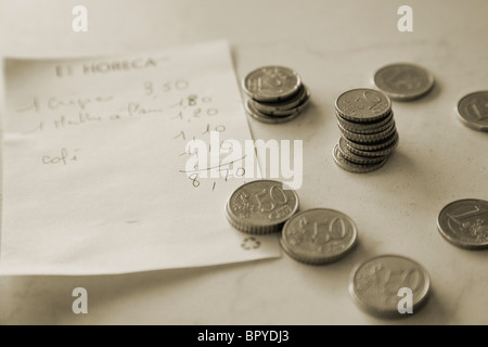 french coins paying a restaurant bill Stock Photo
