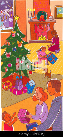 A family opening presents on Christmas Day Stock Photo