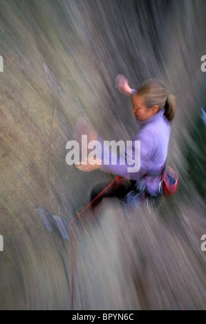 Beth Rodden falls while free climbing in Rocky Mountain National Park. Stock Photo