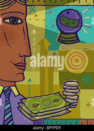 A man looking at a crystal ball with money inside, and in the foreground is a stack of bills and coins Stock Photo