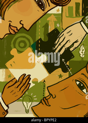 A man and woman looking at each other, with two hands joining puzzle pieces together Stock Photo