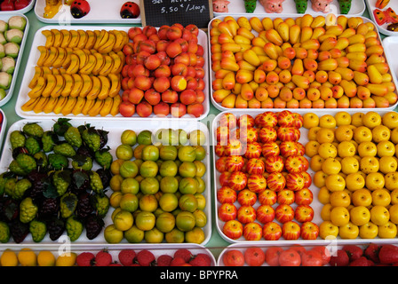 Marzipan sweets (candies) made to look like fruits. Market stall. Nice. Cote d'Azur. France Stock Photo