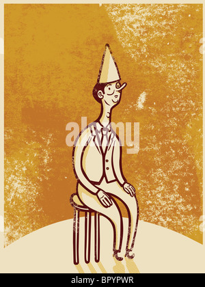 Drawing of a man wearing a dunce cap while sitting on a stool Stock Photo