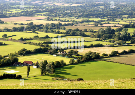 Patchwork of fields from high viewpoint in the South Downs National Park, Sussex Stock Photo