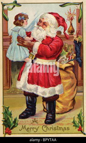 Vintage Christmas postcard of Santa Claus holding up a little girl Stock Photo