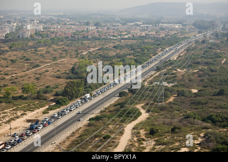 Aerial view of a traffic jam on the old road to Haifa Stock Photo