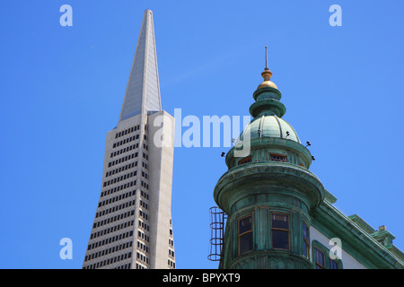Transamerica pyramid and Columbus tower, San Francisco, California, United States of America Stock Photo