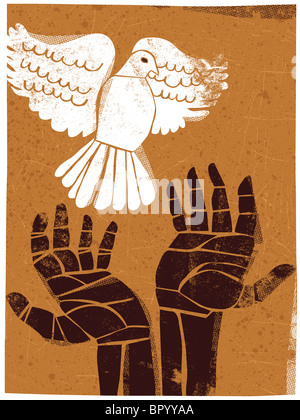 Illustration of hands releasing a dove Stock Photo