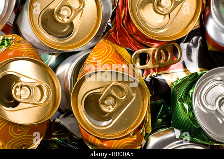 Background of various crashed beer cans. Stock Photo