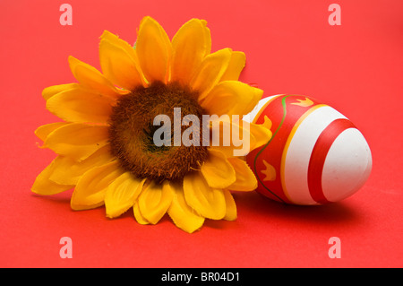 Easter egg and sunflower isolated on red Stock Photo