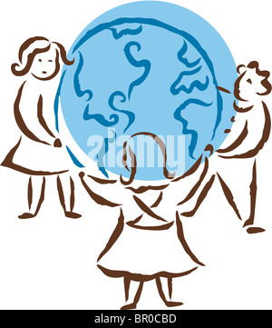 Friends holding hands around the globe Stock Photo