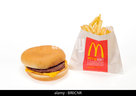 McDonald's cheeseburger and french fries on white background, cutout. Stock Photo