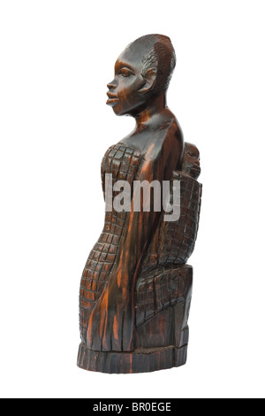 Wooden carved african woman with child isolated on white background with clipping path Stock Photo