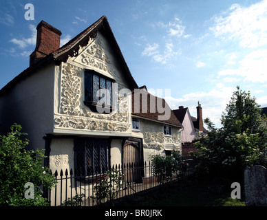 Midsummer evening sunlight highlights pargeting on the Ancient House, Clare, Suffolk. Stock Photo