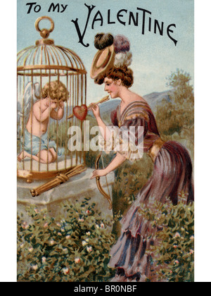 A vintage Valentine with a woman giving a bow and arrow back to a crying Cupid in a cage Stock Photo