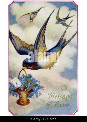 A vintage Valentine card with sparrows bringing a message of love Stock Photo