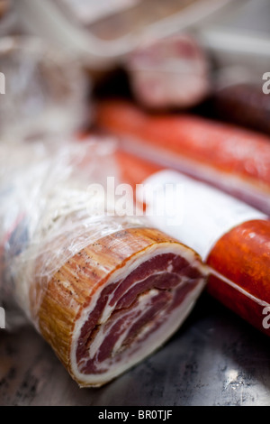 Sausages for sale at an outdoor market in Paris, France Stock Photo