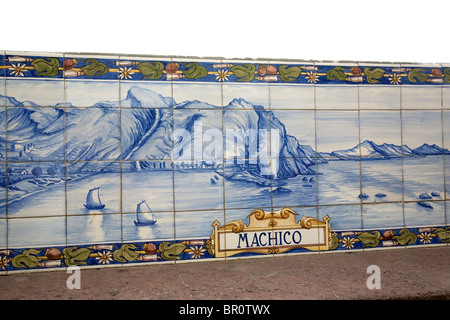 Depiction of boats in harbour at Machico in Azulejo - In Funchal madeira Stock Photo