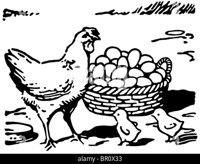 A black and white version of an illustration of a hen with two small chicks and a large basket of eggs Stock Photo