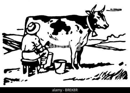 A black and white version of a man milking a cow in a field Stock Photo
