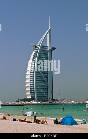 Jumeira Beach and Burj al Arab Hotel Dubai UAE Stock Photo