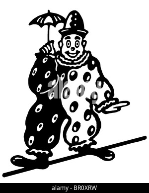 A black and white version of an illustration of a clown walking a tightrope Stock Photo