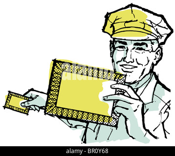 A illustration of a delivery driver holding a blank letter Stock Photo