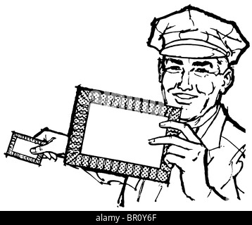 A black and white version of a delivery driver holding a blank letter Stock Photo