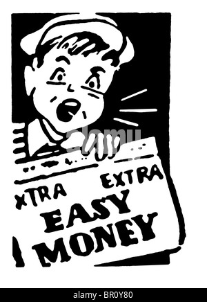 A black and white version of a young newspaper boy holding a newspaper that reads Easy Money Stock Photo