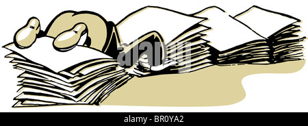 A cartoon style drawing of man almost buried in piles of paperwork Stock Photo