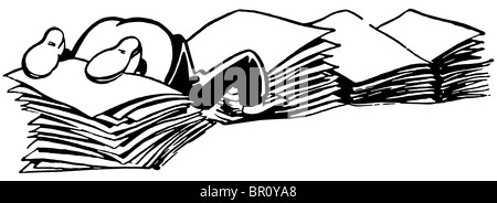 A black and white version of a cartoon style drawing of man almost buried in piles of paperwork Stock Photo