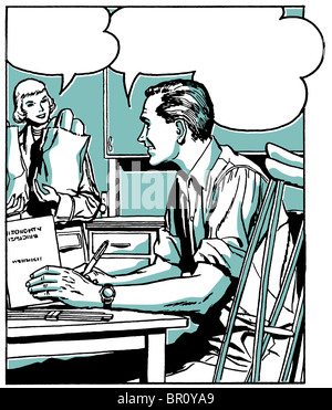 A comic style illustration of a man at a desk talking to a woman in the background Stock Photo