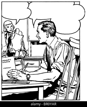 A black an white version of a comic style illustration of a man at a desk talking to a woman in the background Stock Photo