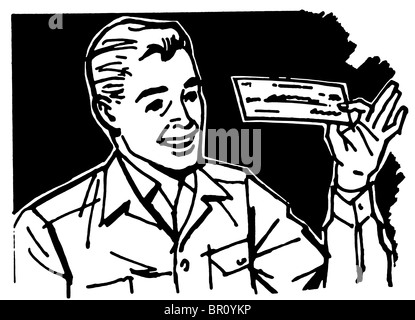 A black and white version of a graphic illustration of a business man examining a check Stock Photo