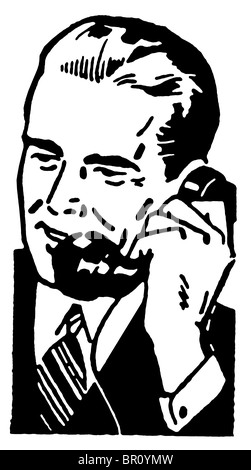 A black and white version of a graphic illustration of a businessman talking on the telephone Stock Photo