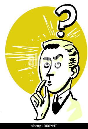 A cartoon style drawing of a businessman with a large question mark looming above Stock Photo