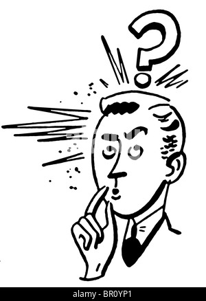 A black and white version of a cartoon style drawing of a businessman with a large question mark looming above Stock Photo