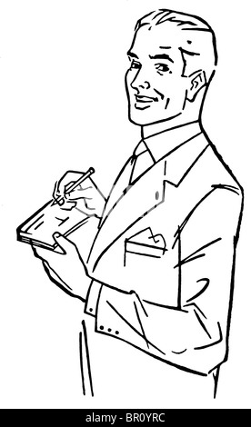 A black and white version of a graphic illustration of a man signing a check Stock Photo