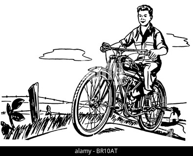 A black and white version of a young boy and his motorbike Stock Photo