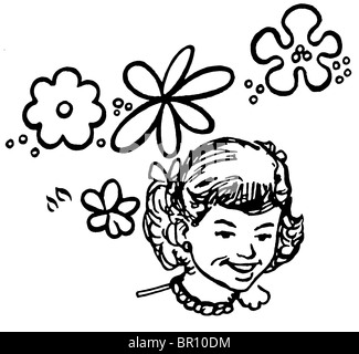 A black and white version of a portrait of a young girl with flowers in the background Stock Photo
