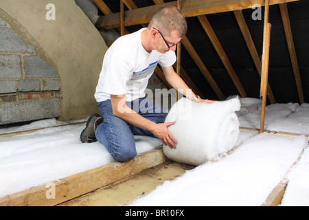 Man laying loft insulation in attic roofspace Stock Photo