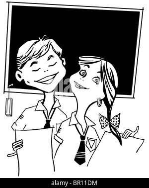 A black and white version of an illustration of two young school children Stock Photo