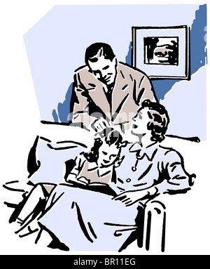 A vintage illustration of a family relaxing at home Stock Photo