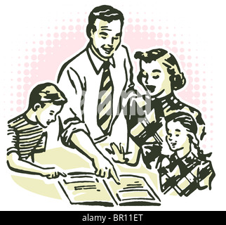 A vintage illustration of a family working together Stock Photo