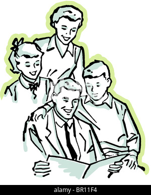 A vintage illustration of a family working together Stock Photo