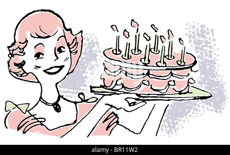A vintage illustration of a woman holding a birthday cake Stock Photo