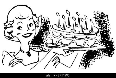 A black and white version of a vintage illustration of a woman holding a birthday cake Stock Photo