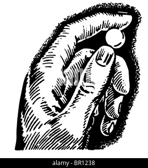 A black and white version of a vintage print of a hand holding a pill Stock Photo